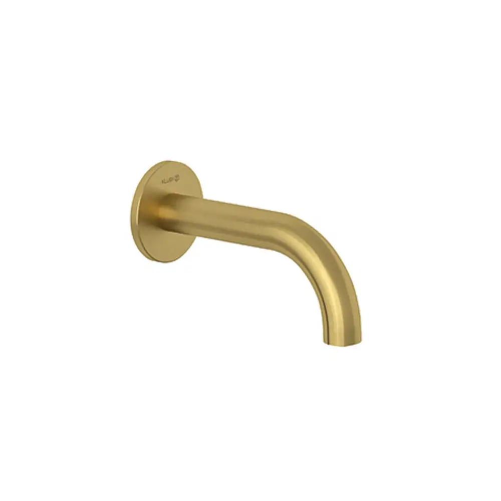 Wandmontierter Wasserhahn in gebürstetem Gold mit geschwungener Auslaufkante, präsentiert von Kludi.